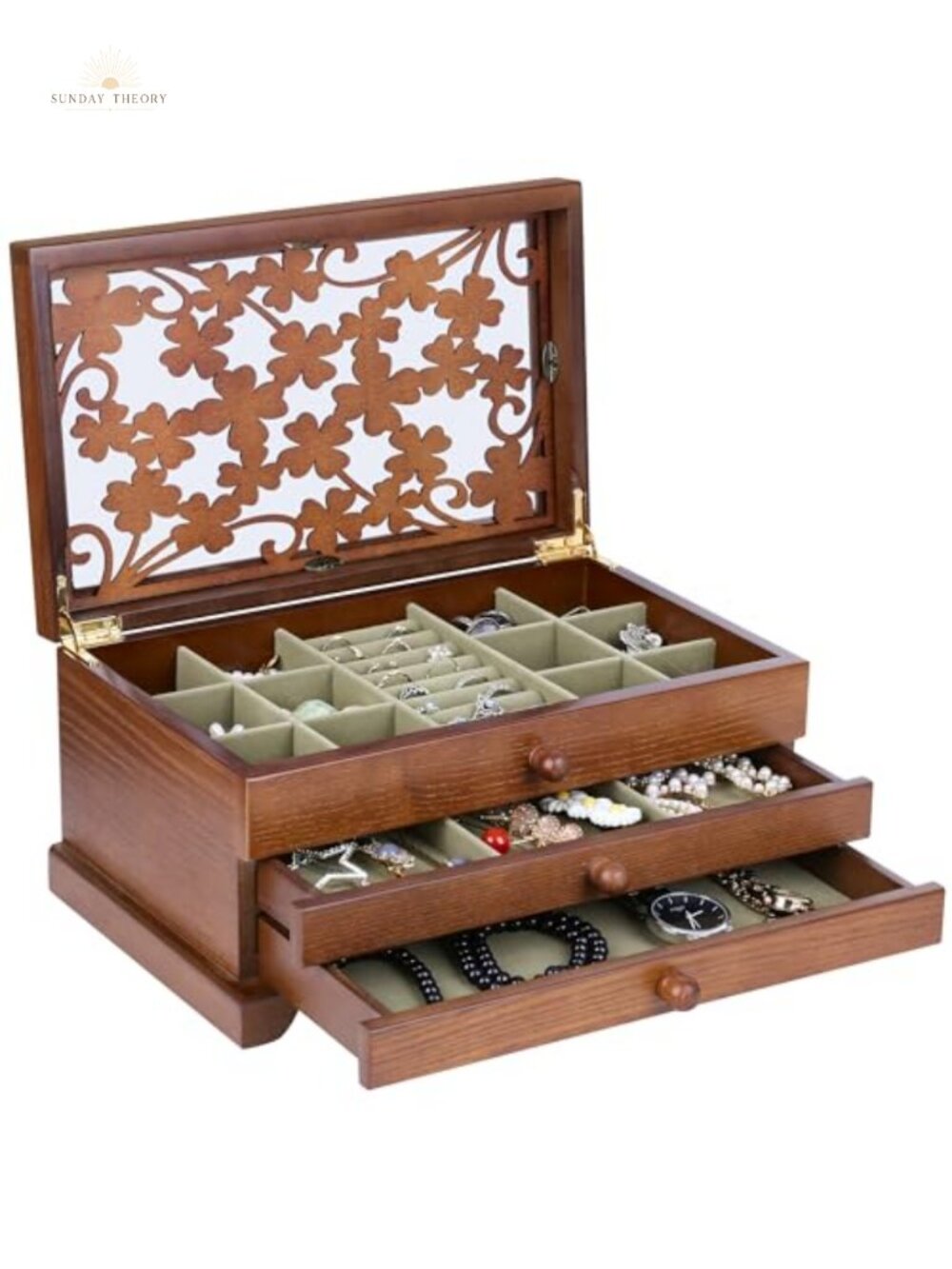 Real Wood Jewelry Box with Four Leaf Clover Patterns, 12 Compartments, 2